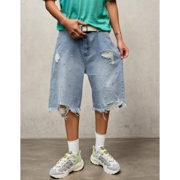 Unisex Denim Jorts Baggy Ripped Rhinestone Mid-Low Bermuda Streetwear - Picture 5 of 6